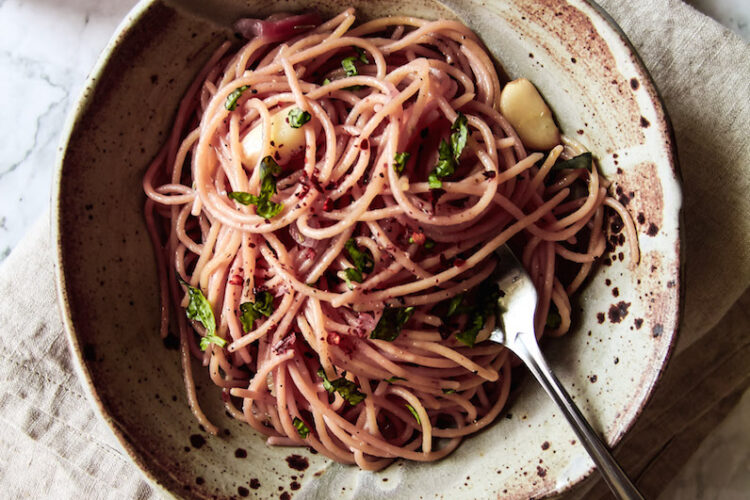 Lemony Pastel Pink Pasta with Garlic Confit