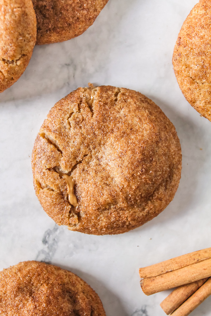 Vegan Biscoff Stuffed Snickerdoodle Cookies