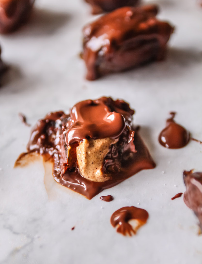 Salted Dark Chocolate Date Boats with Spiced Tahini Caramel