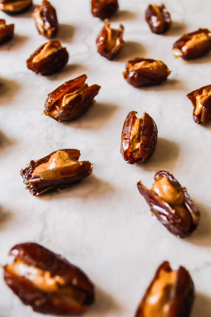 Salted Dark Chocolate Date Boats with Spiced Tahini Caramel